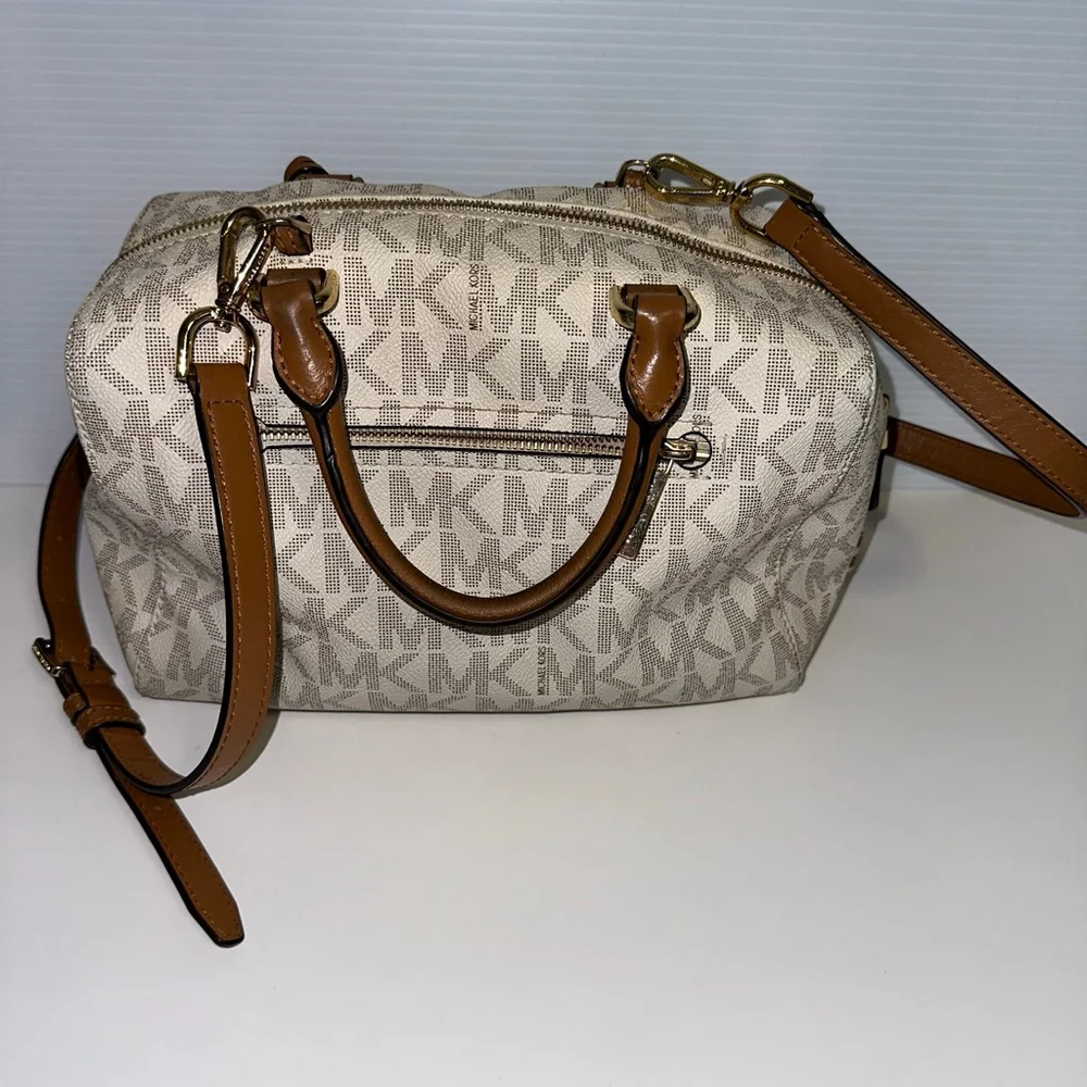 Michael Kors Monogram Kirby Satchel Bag Beige/Brown Vanilla/Acorn MK Logo Purse